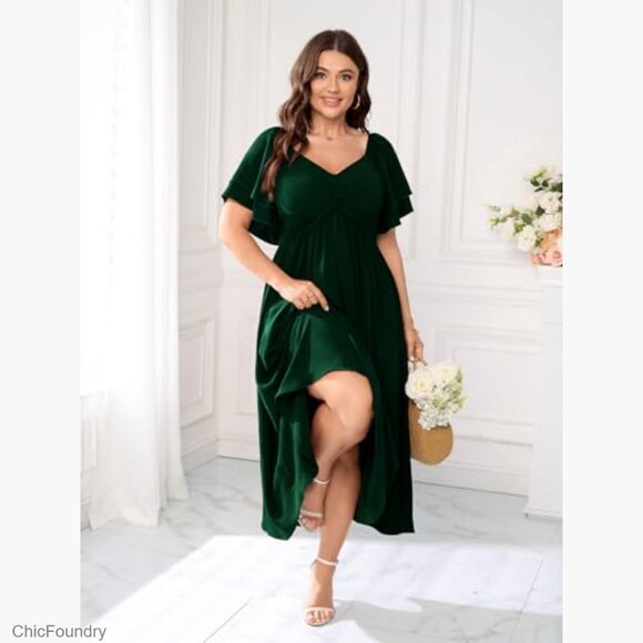Plus Size Sweetheart Neckline Ruffle Sleeve A-Line Maxi Formal Dress - Picture 6 of 7